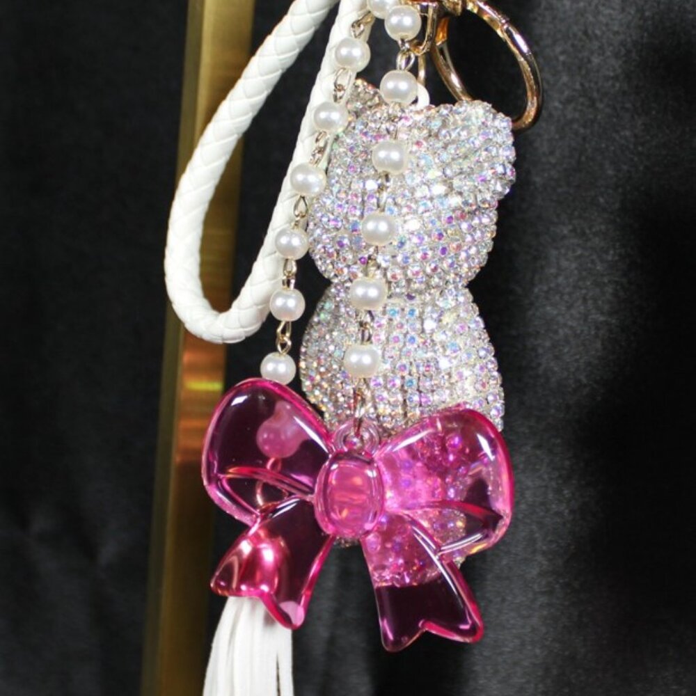 Handcrafted Rhinestone Teddy Bear Bag Charm Pearl Pink Bow Tassel Gold Tone - Picture 5 of 8